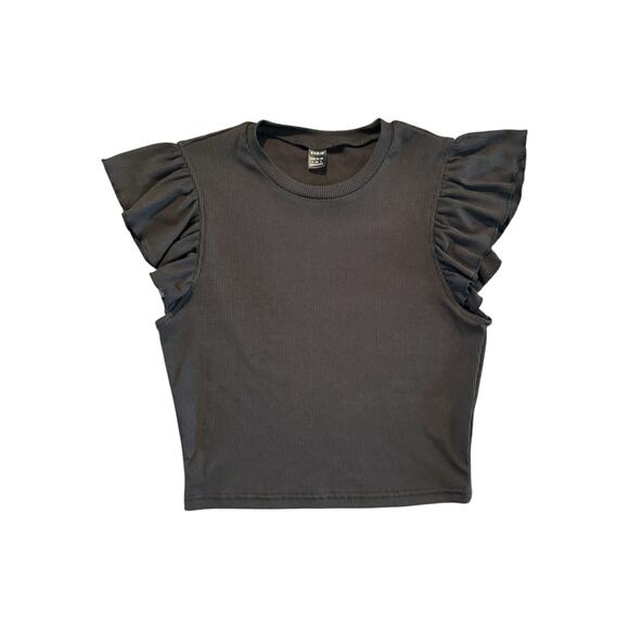 SHEIN Black Ribbed Ruffle Sleeve Crop Top Women’s Size S US 4 Stretchy Knit - Picture 2 of 6